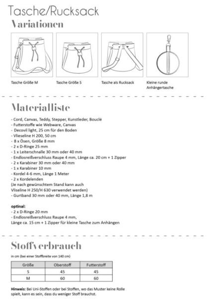Größentabelle und Stoffverbrauch Papierschnittmuster-Tasche/Rucksack,Fadenkäfer